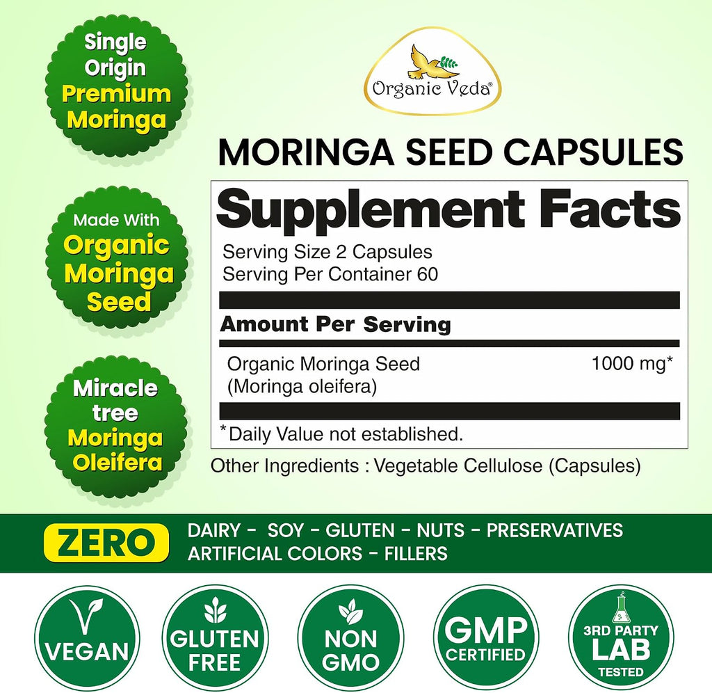 Cápsulas de Semillas de Moringa Ecológicas de Organic Veda - 120 Cápsulas Veganas