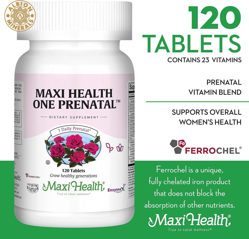 Maxi Health Vitaminas Prenatales para Mujeres – Una al Día con Hierro, Folato, Colina, Vitamina D3 y Nutrientes Esenciales – Suplemento de Alta Absorción – 120 Comprimidos