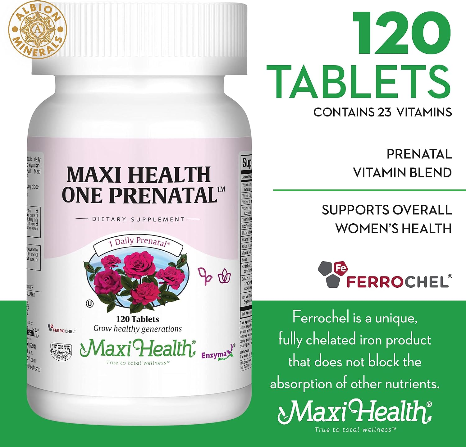 Maxi Health Vitaminas Prenatales para Mujeres – Una al Día con Hierro, Folato, Colina, Vitamina D3 y Nutrientes Esenciales – Suplemento de Alta Absorción – 120 Comprimidos
