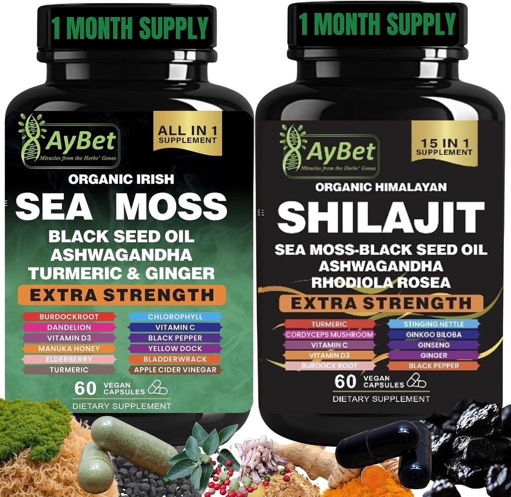 AyBet Sea Moss y Shilajit del Himalaya – Fórmula Herbal 22 en 1 con Ashwagandha, Cúrcuma, Jengibre – Minerales y Antioxidantes – Cápsulas Orgánicas, Halal, Veganas – 120 Unidades
