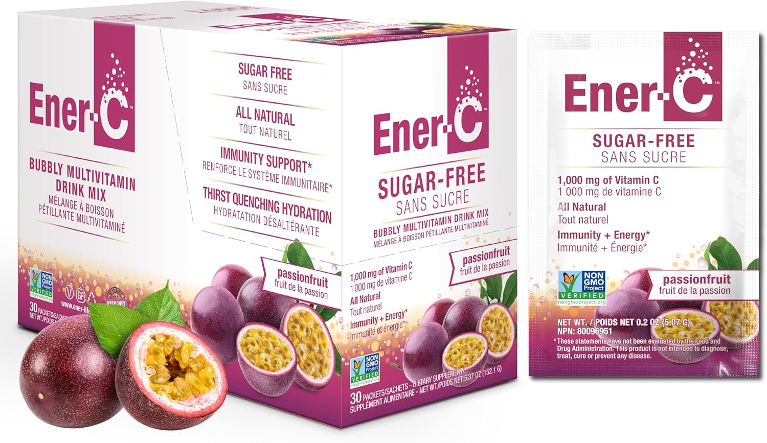 Ener-C Sugar Free Multivitamin Drink Mix - Sabor Maracuyá, 60 Sobres | Mezcla de Vitaminas y Electrolitos sin Azúcar