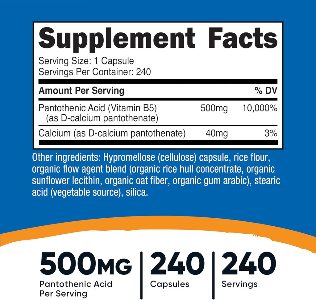Nutricost Pantothenic Acid (Vitamin B5) 500 mg, 240 Capsules
