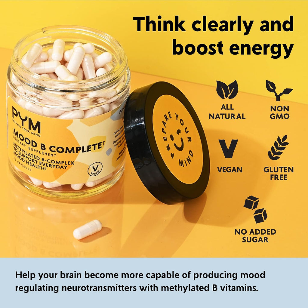 PYM Vitamin B Complex Mood Support Supplement (30 cápsulas) | Complejo B Metilado para el Estado de Ánimo y la Energía