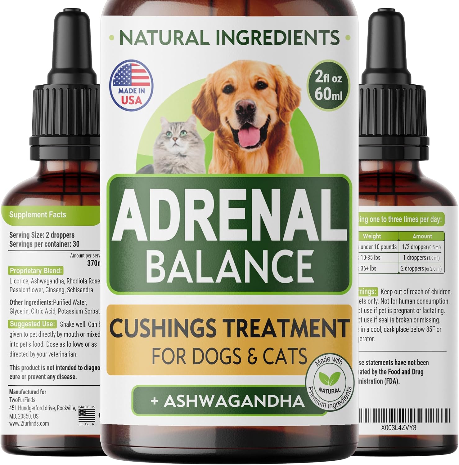 Adrenal Balance para Perros y Gatos - Tratamiento de Cushing con Ashwagandha, Regaliz y Rodiola - Gotas Herbales 60ml