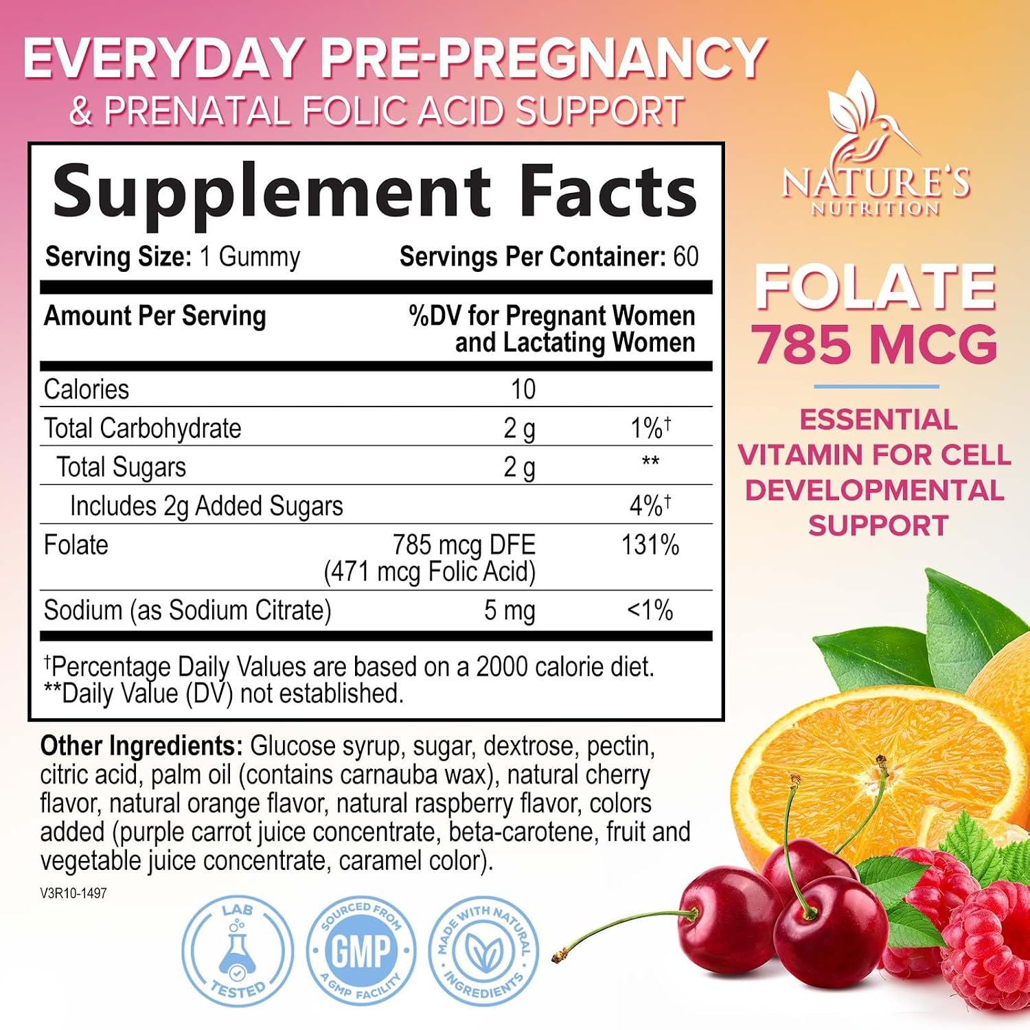 Gominolas de Ácido Fólico para Mujeres - Folato 785 mcg - Vitaminas Prenatales - 60 Gominolas