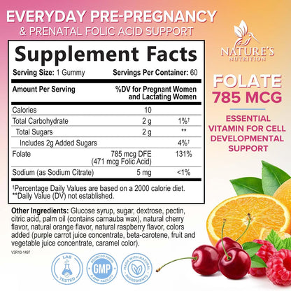 Gominolas de Ácido Fólico para Mujeres - Folato 785 mcg - Vitaminas Prenatales - 60 Gominolas – Image 2