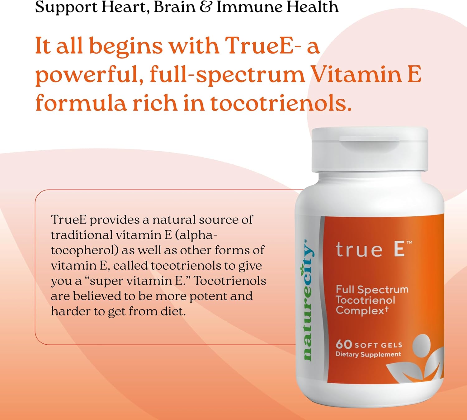 NatureCity True-E Vitamina E con Tocotrienoles y Alfa Tocoferol Natural | Complejo de Vitamina E No OGM | 60 Cápsulas Blandas