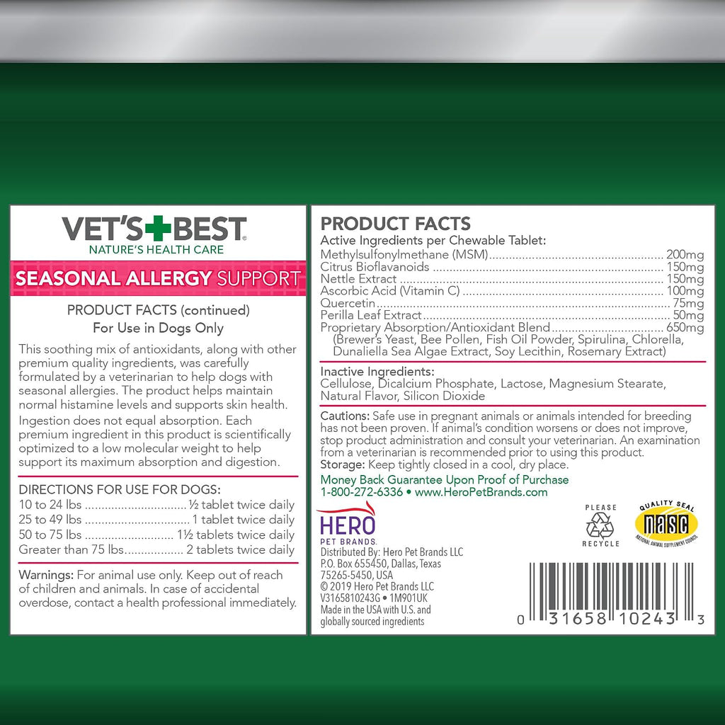 Vet's Best Masticables para Alergias en Perros - Alivio del Picor Estacional - 60 Comprimidos