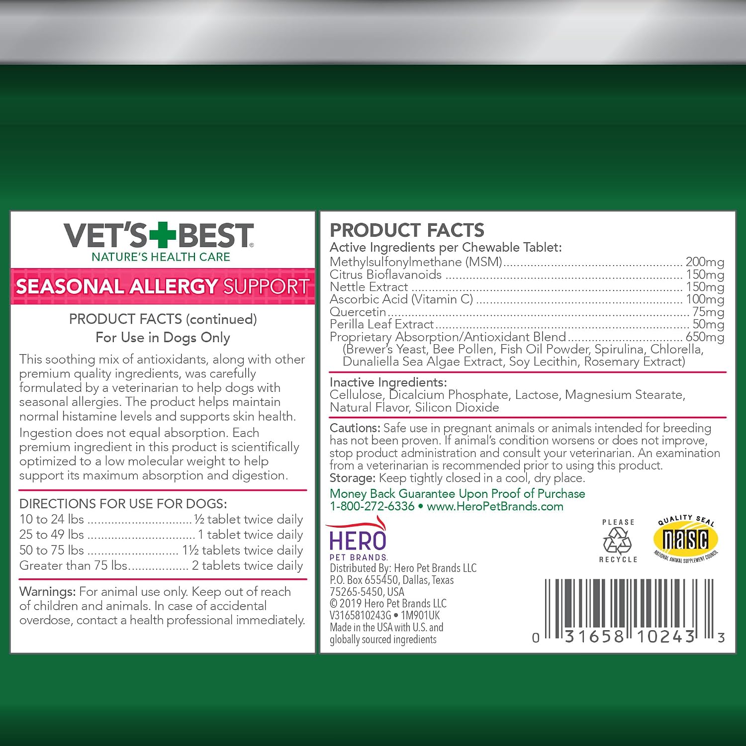 Vet's Best Masticables para Alergias en Perros - Alivio del Picor Estacional - 60 Comprimidos