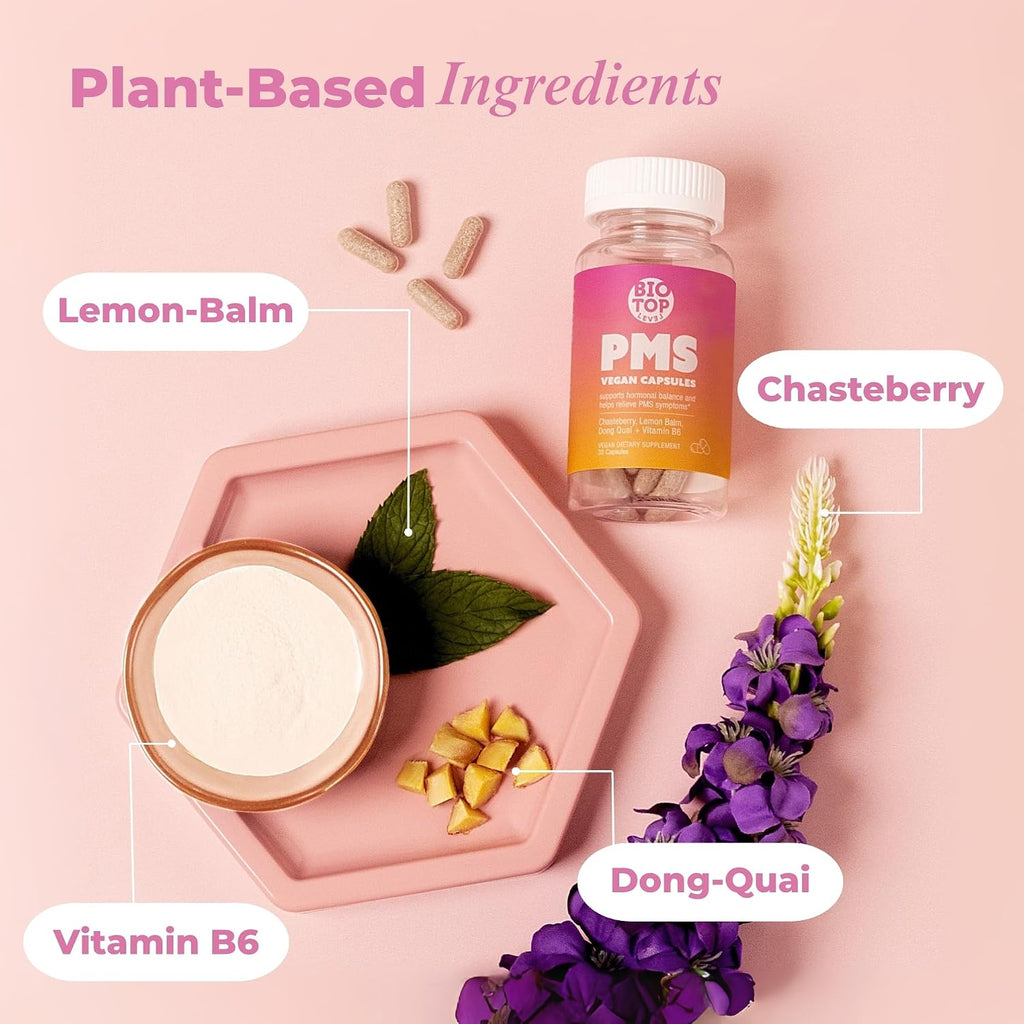 Suplemento para el Alivio del PMS con Vitex, Vitamina B6, Melisa y Dong Quai - 30 Cápsulas Veganas