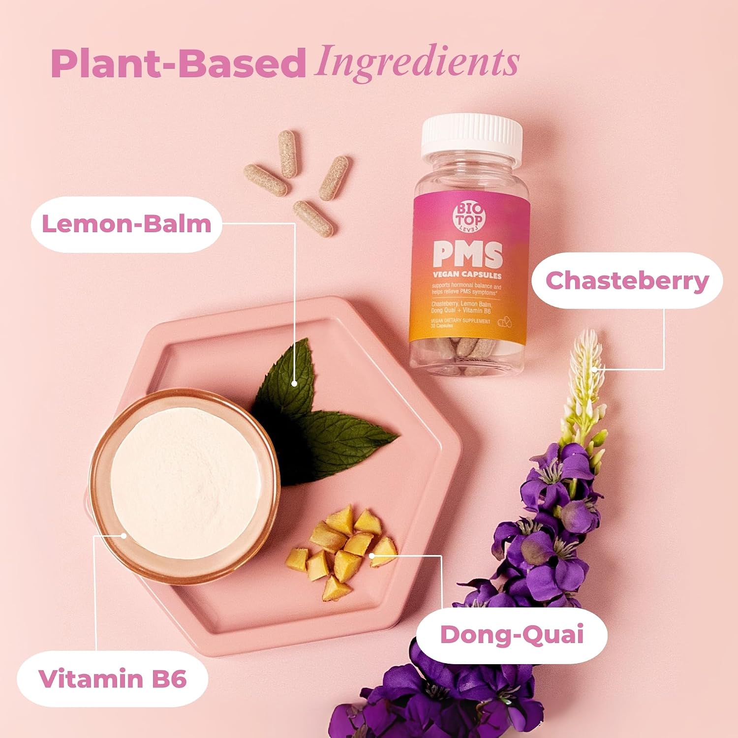 Suplemento para el Alivio del PMS con Vitex, Vitamina B6, Melisa y Dong Quai - 30 Cápsulas Veganas