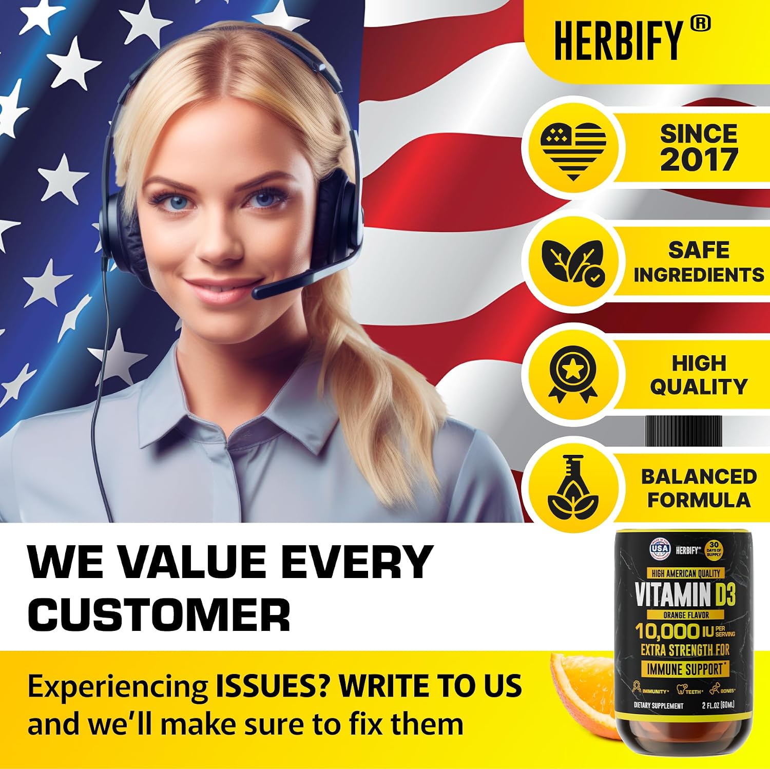 HERBIFY Vitamina D3 10000 UI - Gotas Líquidas - Salud Ósea e Inmunológica - 30 Días - 60 ml