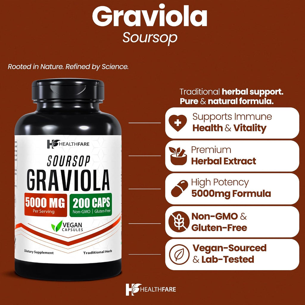 Healthfare Graviola Soursop Extracto 5000mg | Annona Muricata | 200 Cápsulas Veganas