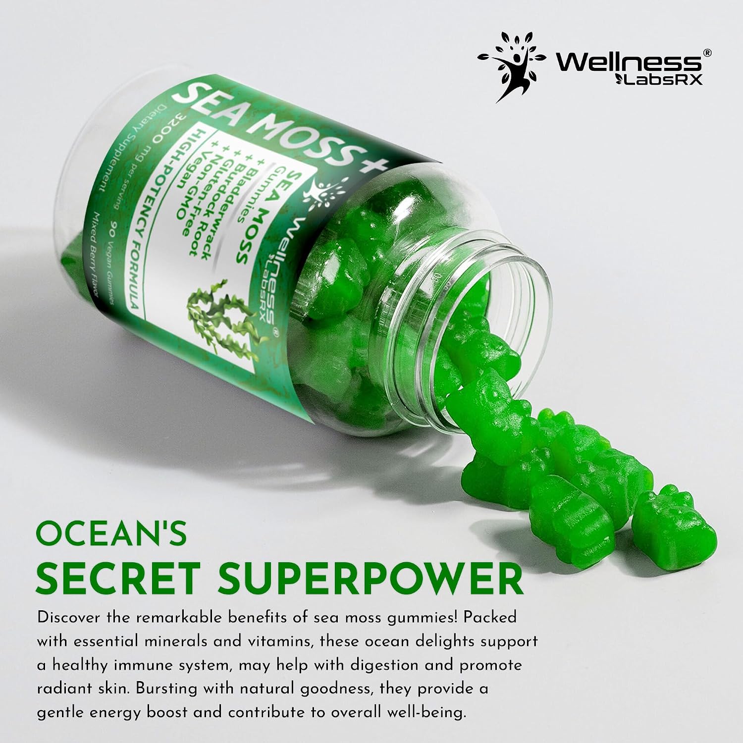 WELLNESS LABSRX Gominolas de Musgo Marino, 3200mg Irish Sea Moss Sabor a Baya Mixta con Bladderwrack y Raíz de Bardana - Apoyo para la Piel, Energía e Inmunidad - 90 Unidades