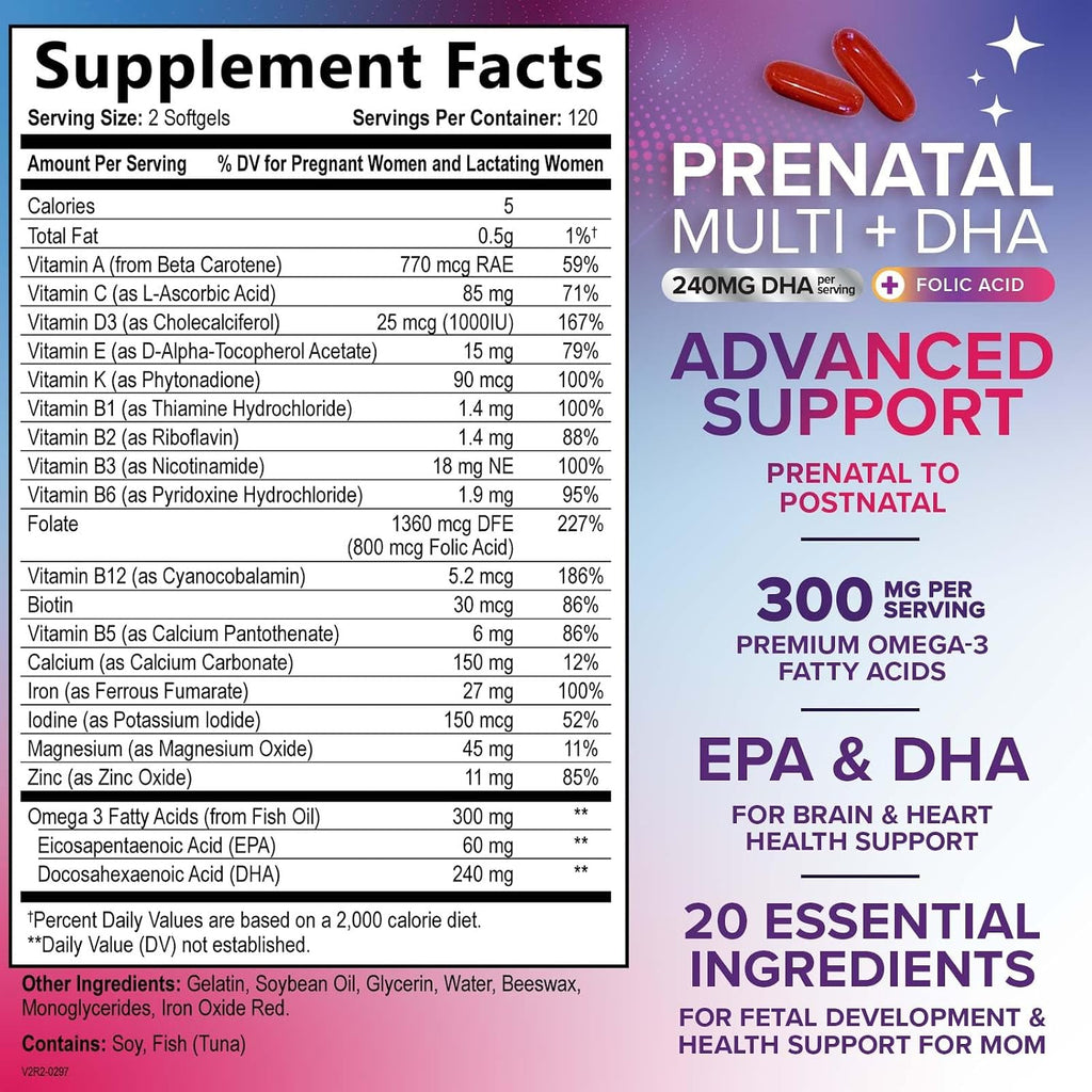Vitaminas Prenatales con Ácido Fólico y Omega 3 DHA - Suplemento Multivitamínico para el Embarazo - 240 Cápsulas Blandas
