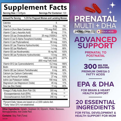 Vitaminas Prenatales con Ácido Fólico y Omega 3 DHA - Suplemento Multivitamínico para el Embarazo - 240 Cápsulas Blandas – Image 2