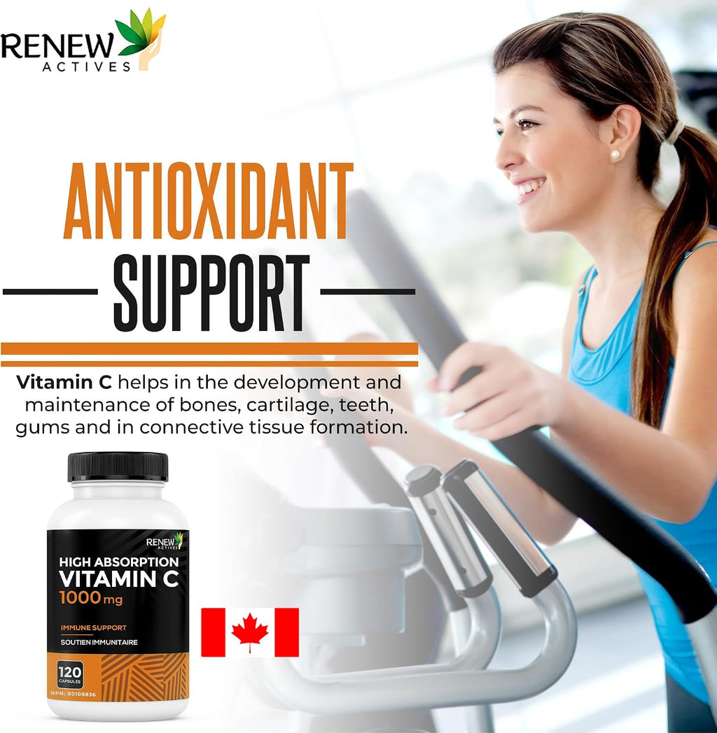 RENEW ACTIVES Maximum Strength Vitamina C 1000 mg por ración – Antioxidante y Refuerzo Inmunitario – No-GMO, Sin Azúcar, 120 Cápsulas – Hecho en Canadá