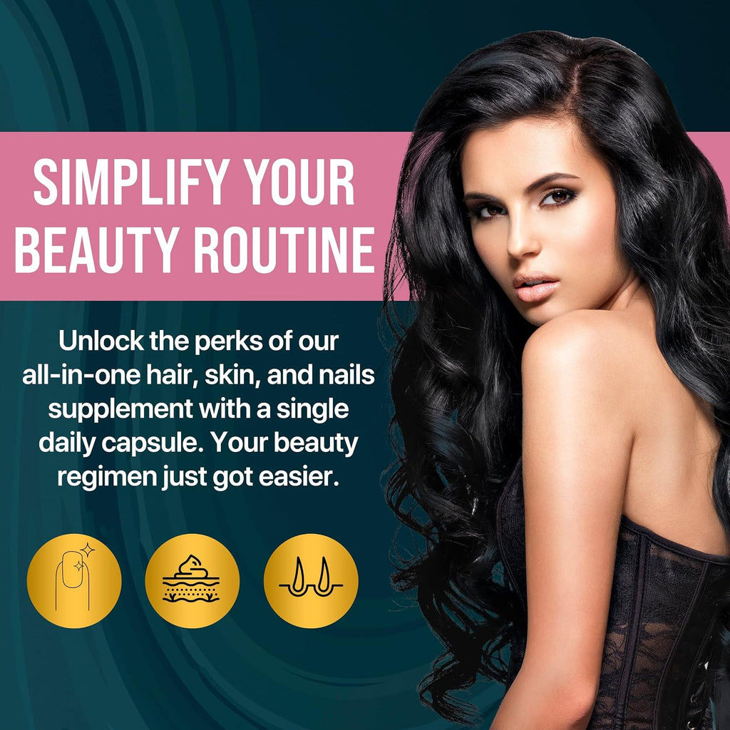 100% Pure Hair Skin and Nails Vitamins - Biotina para Mujeres y Hombres, 78,1119 mcg, 1 Mes de Suministro