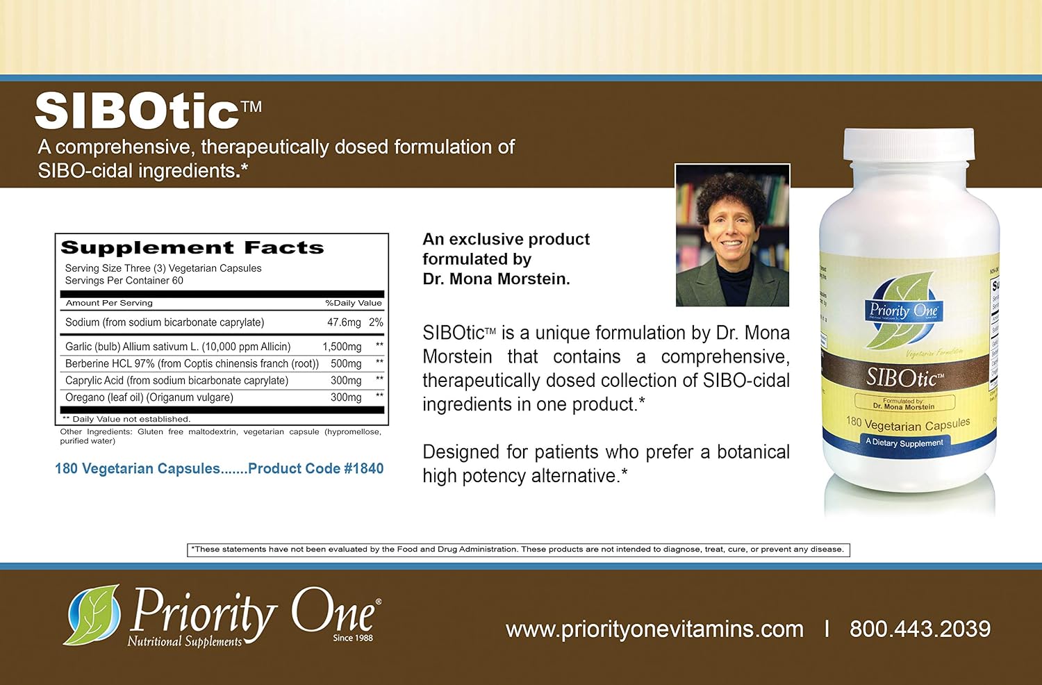 Priority One Vitamins SIBOtic™ (180 Cápsulas) - Fórmula Clínica para el Equilibrio Bacteriano Intestinal