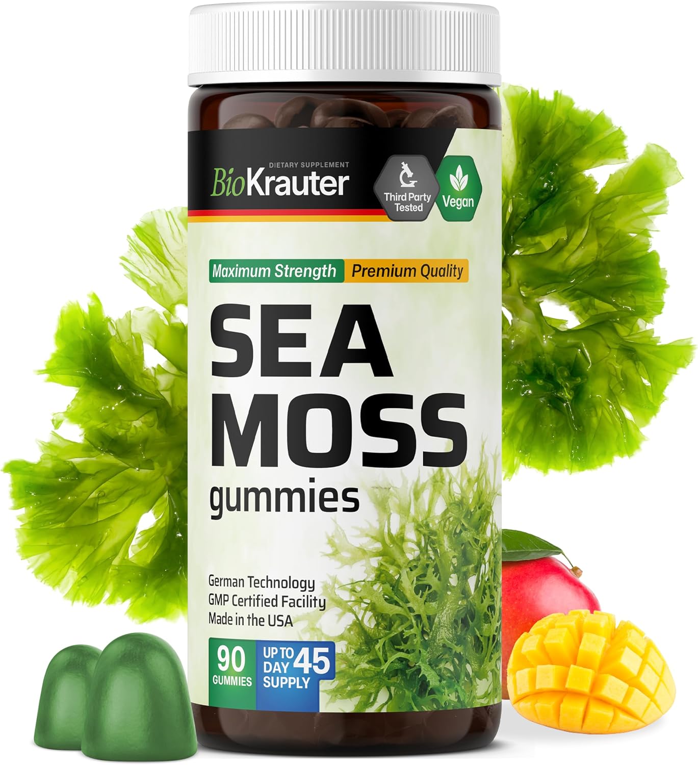 BIO KRAUTER® 3 en 1 Gominolas de Musgo Marino con Fucus y Raíz de Bardana - Veganas, Sabor Mango - 90 Gominolas (45 Días)