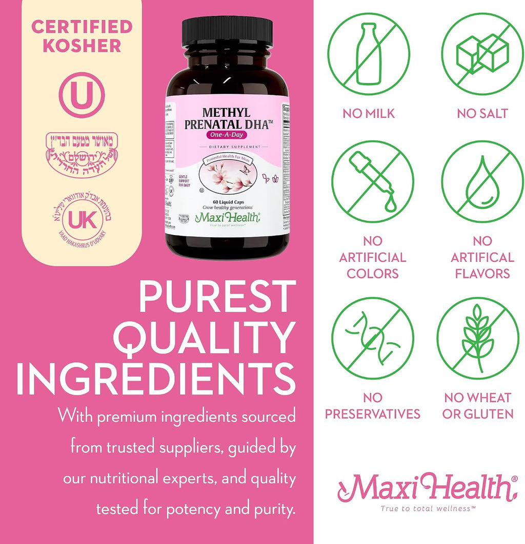 Maxi Health Methyl Prenatal DHA - Vitaminas Prenatales con DHA y Ácido Fólico - 60 Cápsulas Blandas