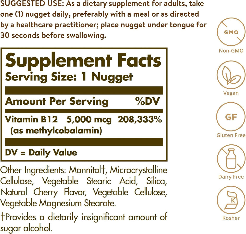 Solgar Metilcobalamina (Vitamina B12) 5000 mcg, 60 Nuggets - Sabor a Cereza