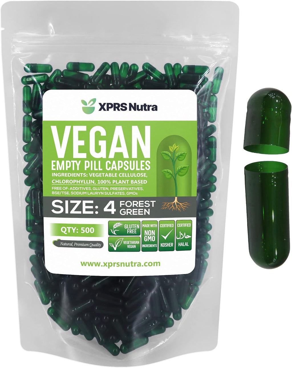 XPRS Nutra Cápsulas Vacías Tamaño 4 - 500 Unidades - Cápsulas Veganas Pequeñas para Rellenar - Cápsulas Vegetales DIY para Suplementos (Verde Bosque)