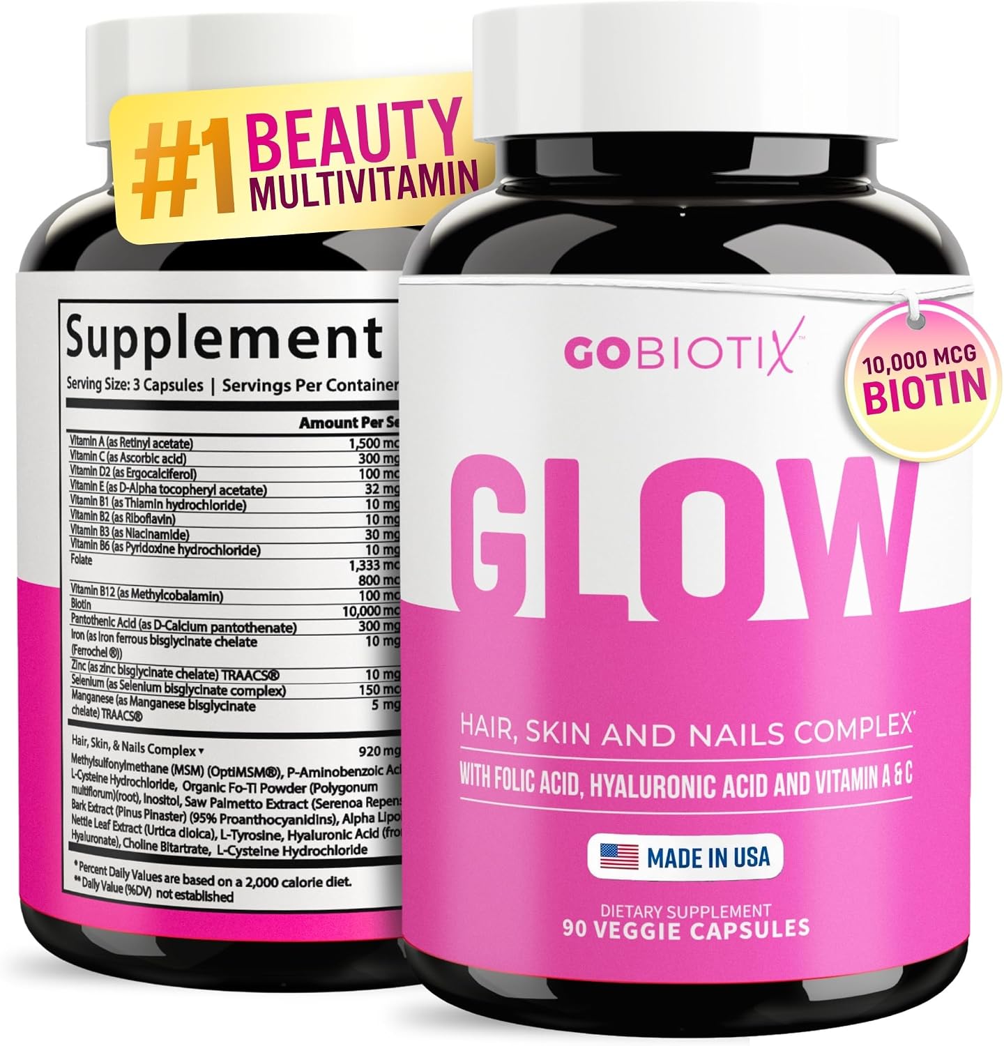 GOBIOTIX Vitaminas para Cabello, Piel y Uñas con Biotina 10.000 mcg, Ácido Hialurónico y MSM - 90 Cápsulas