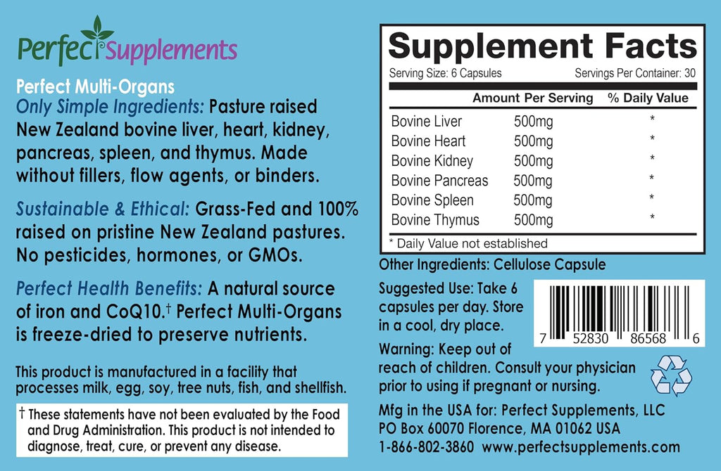Perfect Supplements - Perfect Multi-Organs: Mezcla de 6 Glandulares Sinérgicos, Liofilizados y Sin Hormonas, Cápsulas de Alimento Integral de Nueva Zelanda Criado en Pastos