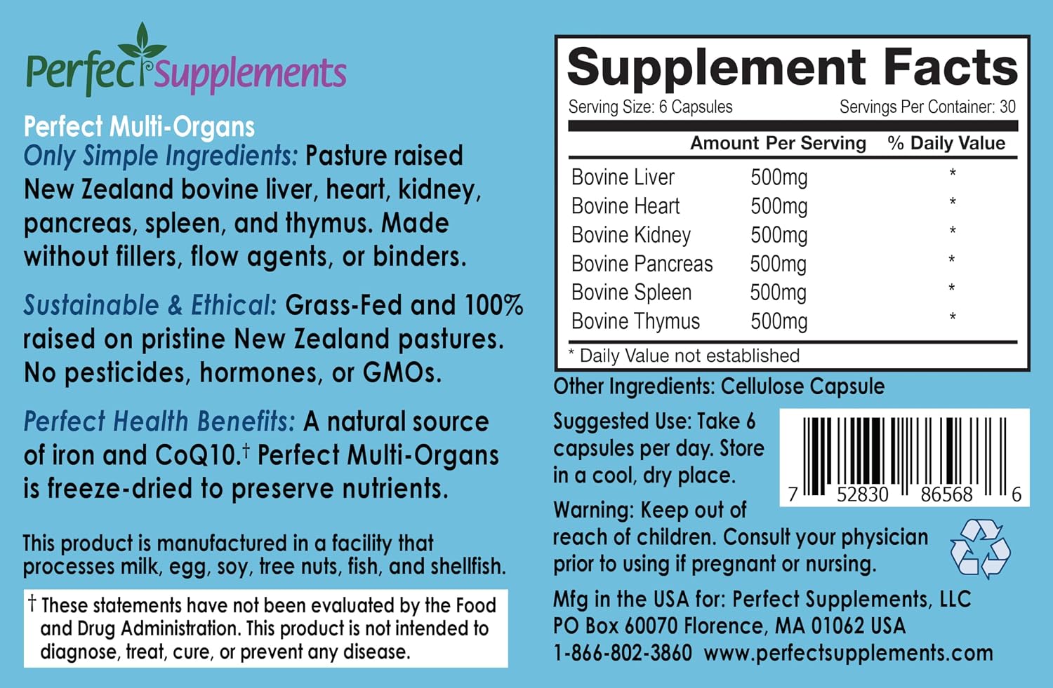 Perfect Supplements - Perfect Multi-Organs: Mezcla de 6 Glandulares Sinérgicos, Liofilizados y Sin Hormonas, Cápsulas de Alimento Integral de Nueva Zelanda Criado en Pastos