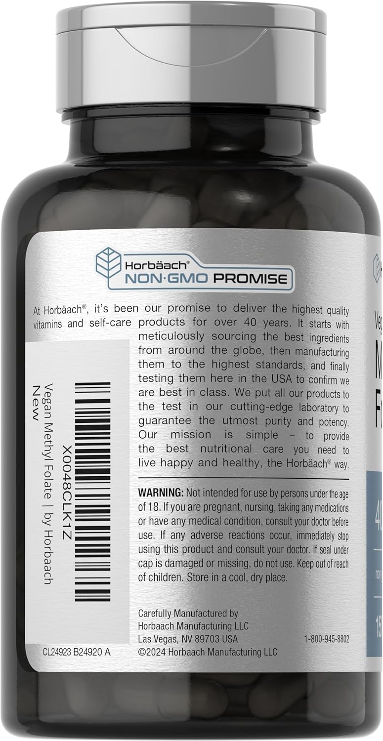 Horbäach Metilfolato 400 mcg | 150 Cápsulas Veganas | No-GMO, Sin Gluten | Complemento Alimenticio