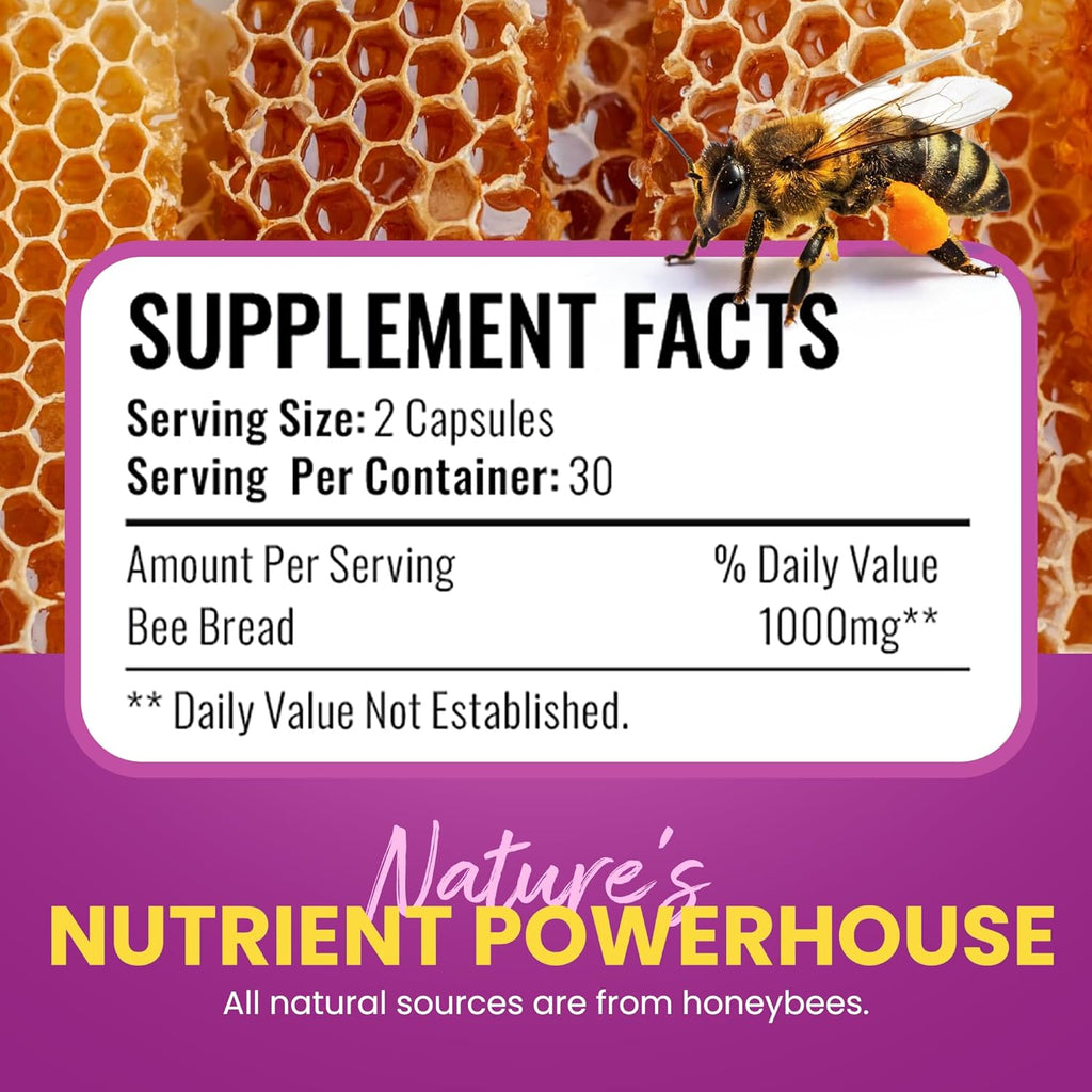 Cápsulas de Pan de Abeja HONEYBEEZONE – Superalimento Rico en Nutrientes para Energía y Apoyo Inmunológico | Sin OGM, Sin Gluten, 60 Cápsulas Vegetales