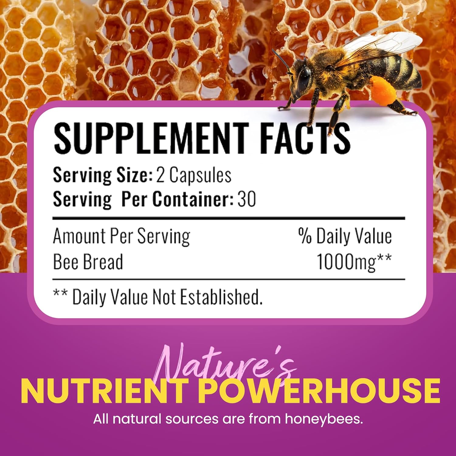 Cápsulas de Pan de Abeja HONEYBEEZONE – Superalimento Rico en Nutrientes para Energía y Apoyo Inmunológico | Sin OGM, Sin Gluten, 60 Cápsulas Vegetales