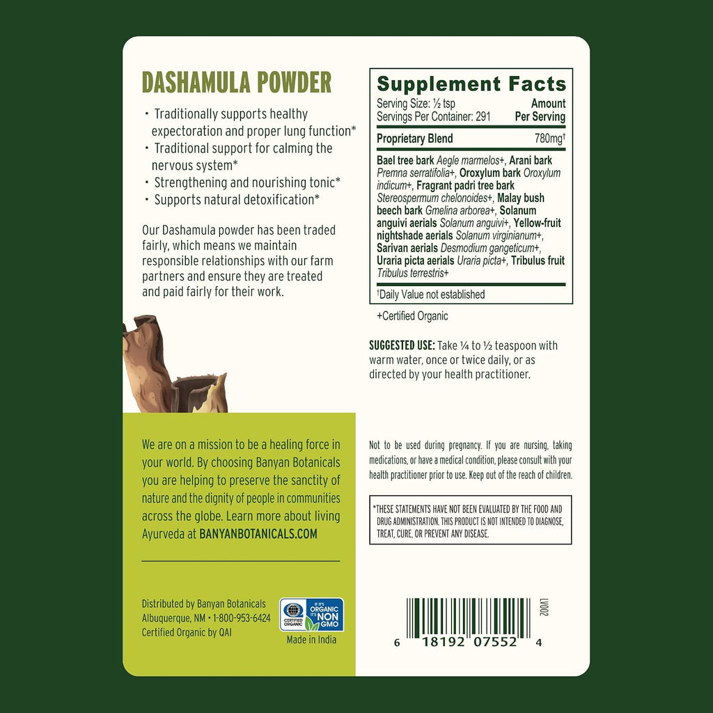 Banyan Botanicals Dashamula Powder – Fórmula Ayurvédica Calmante – ½ lb (227 g)