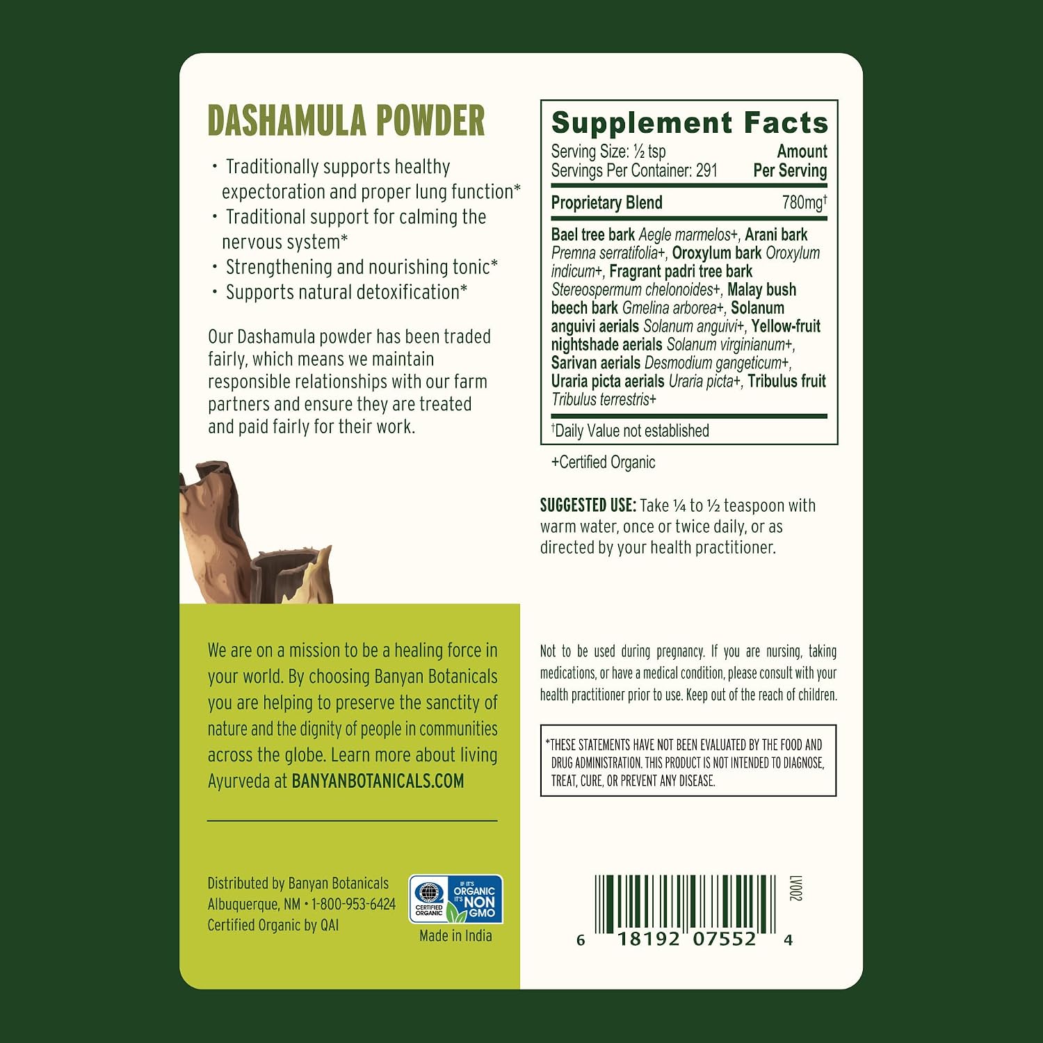 Banyan Botanicals Dashamula Powder – Fórmula Ayurvédica Calmante – ½ lb (227 g)