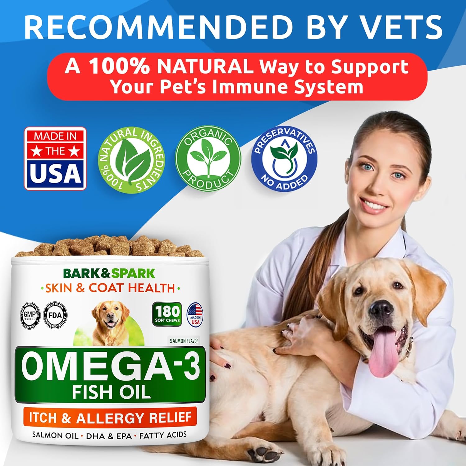 BARK&SPARK Omega 3 para Perros y Gatos - 180 Golosinas de Aceite de Salmón