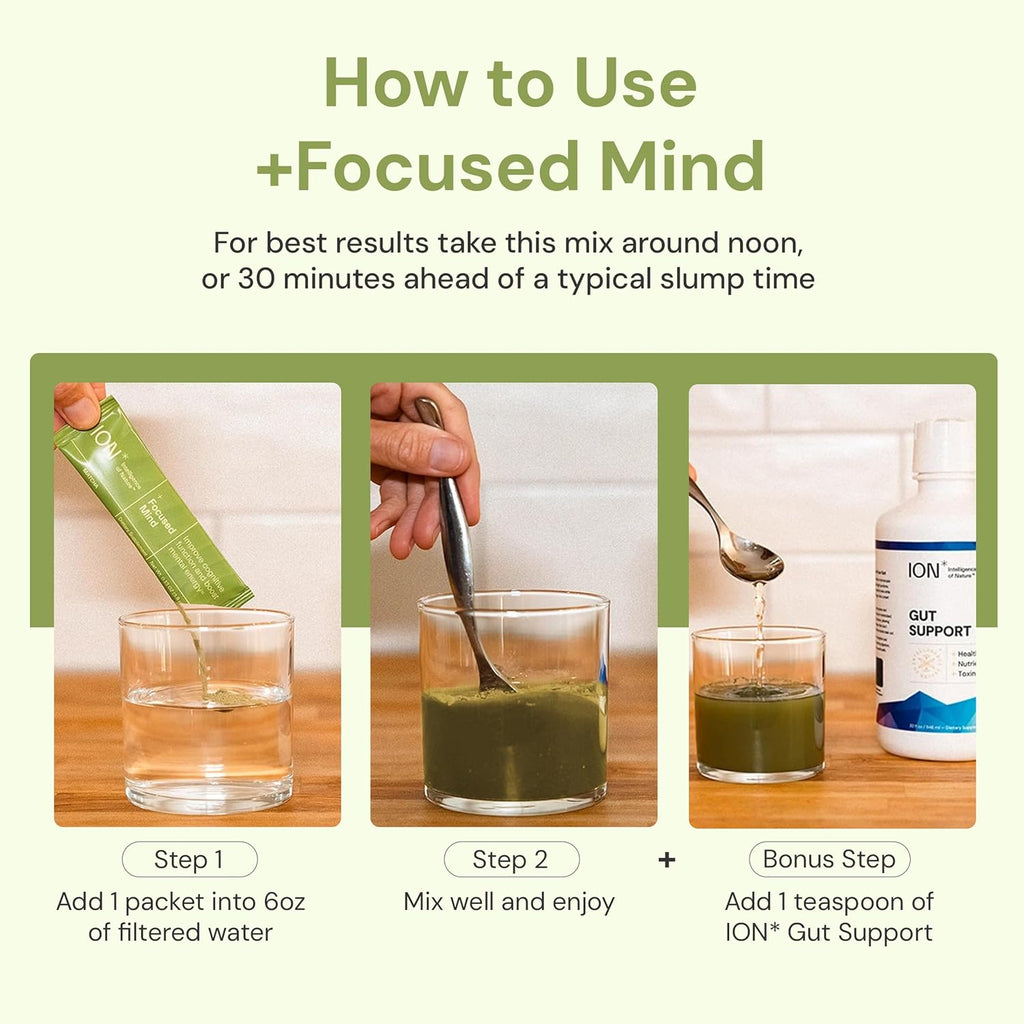 ION* Intelligence of Nature Focused Mind Nootropic Powder Drink Mix - Brain Boost con Matcha para Memoria, Concentración y Relajación - 20 Sobres