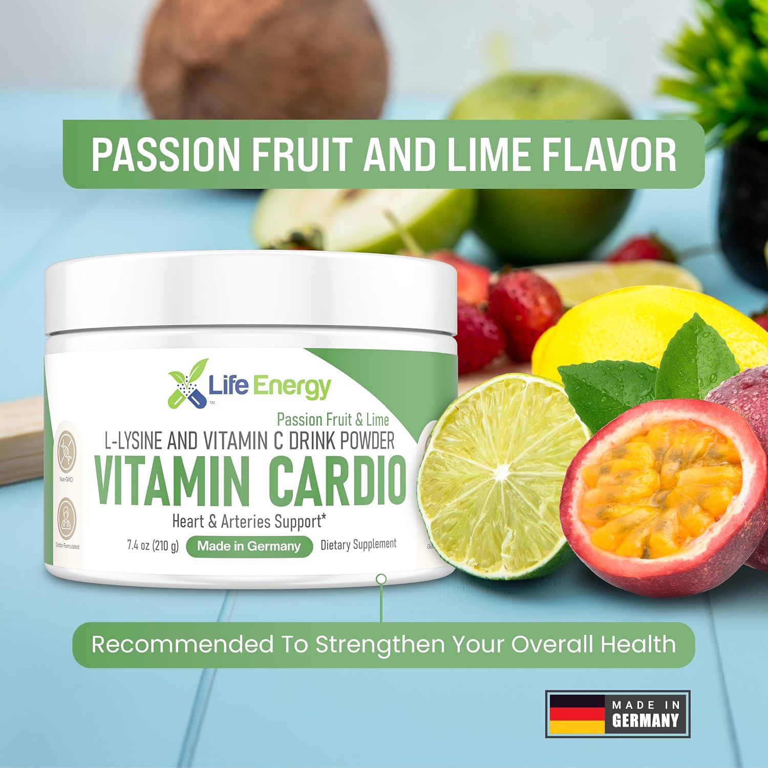 High-Dosed 2000mg Vitamin C & L-Lysine Drink Mix Powder | Sabor Maracuyá y Lima | 210g
