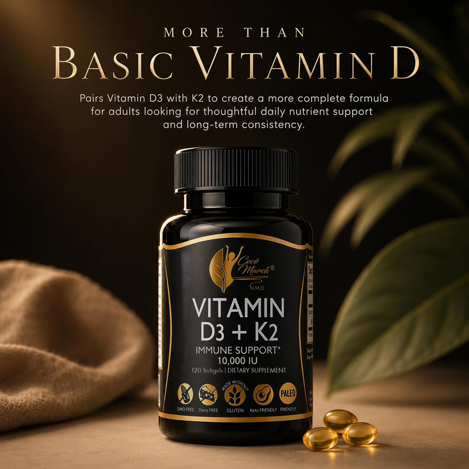Cocó March N.M.D Vitamina D3+K2 10.000 UI - 180 mcg de Vitamina K2, 250 mcg de Vitamina D3, 120 Cápsulas, Sin Gluten, No GMO
