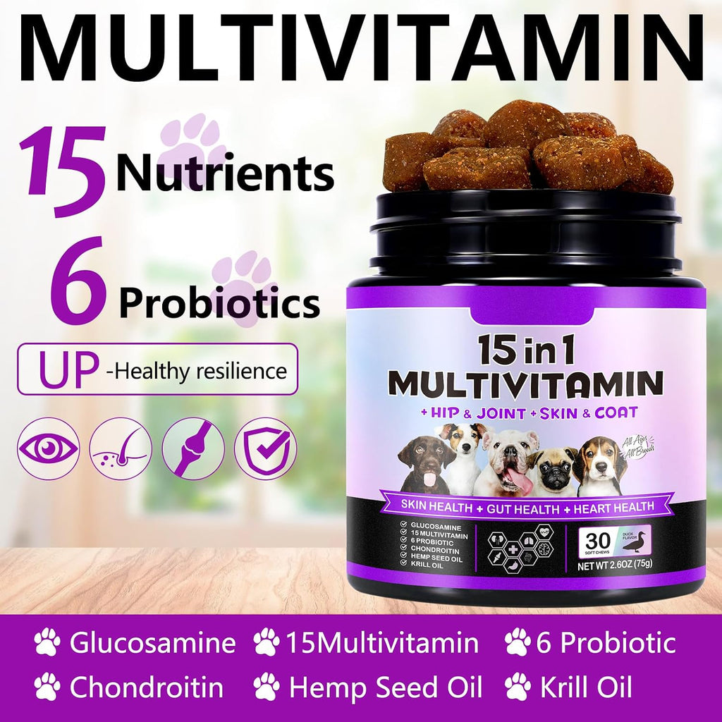 IKZEE Multivitamínico Masticable para Perros 15 en 1 – Suplemento Diario con Glucosamina y Probióticos, Sabor a Pato, 150 Comprimidos