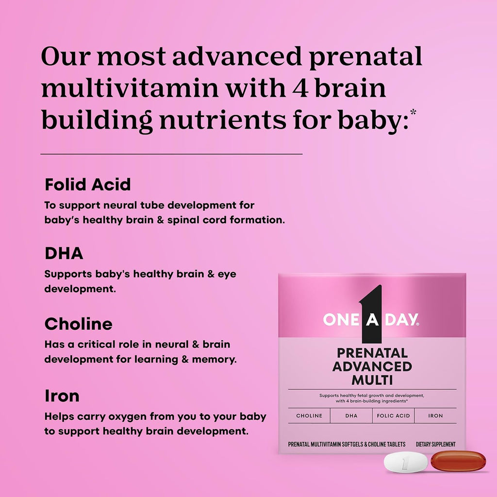One A Day Prenatal Advanced - Vitaminas Prenatales con Ácido Fólico, Colina, DHA y Hierro, 60 unidades (30 comprimidos + 30 cápsulas blandas)