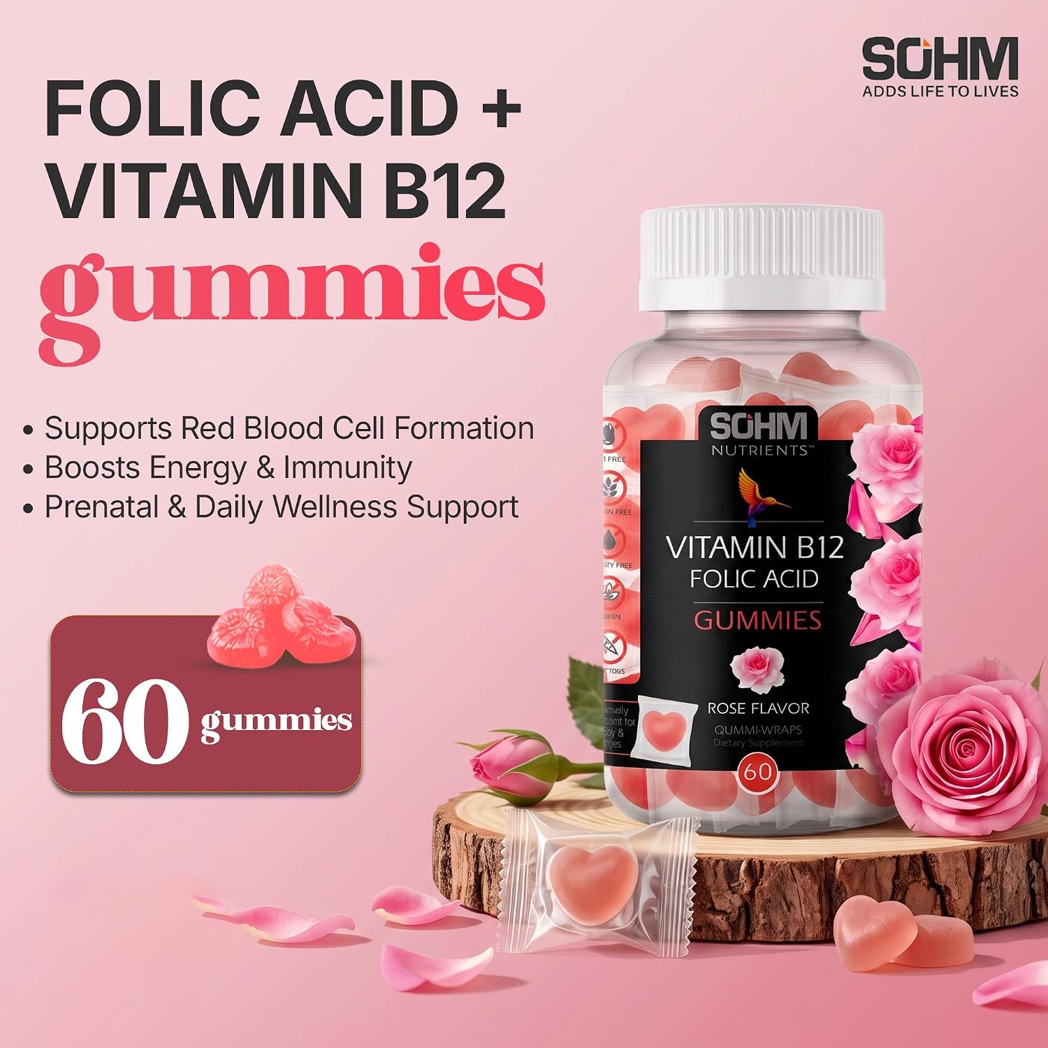 SOHM Ácido Fólico 300 mcg + Vitamina B12 Gomitas para Mujer, 60 unidades – Apoyo Prenatal