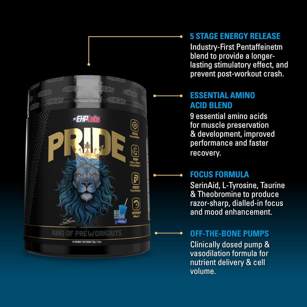 EHP Labs Pride Pre Workout - Pre-entreno en Polvo Sin Azúcar con Cafeína y BCAA (40 Servicios, Blue Slushie)