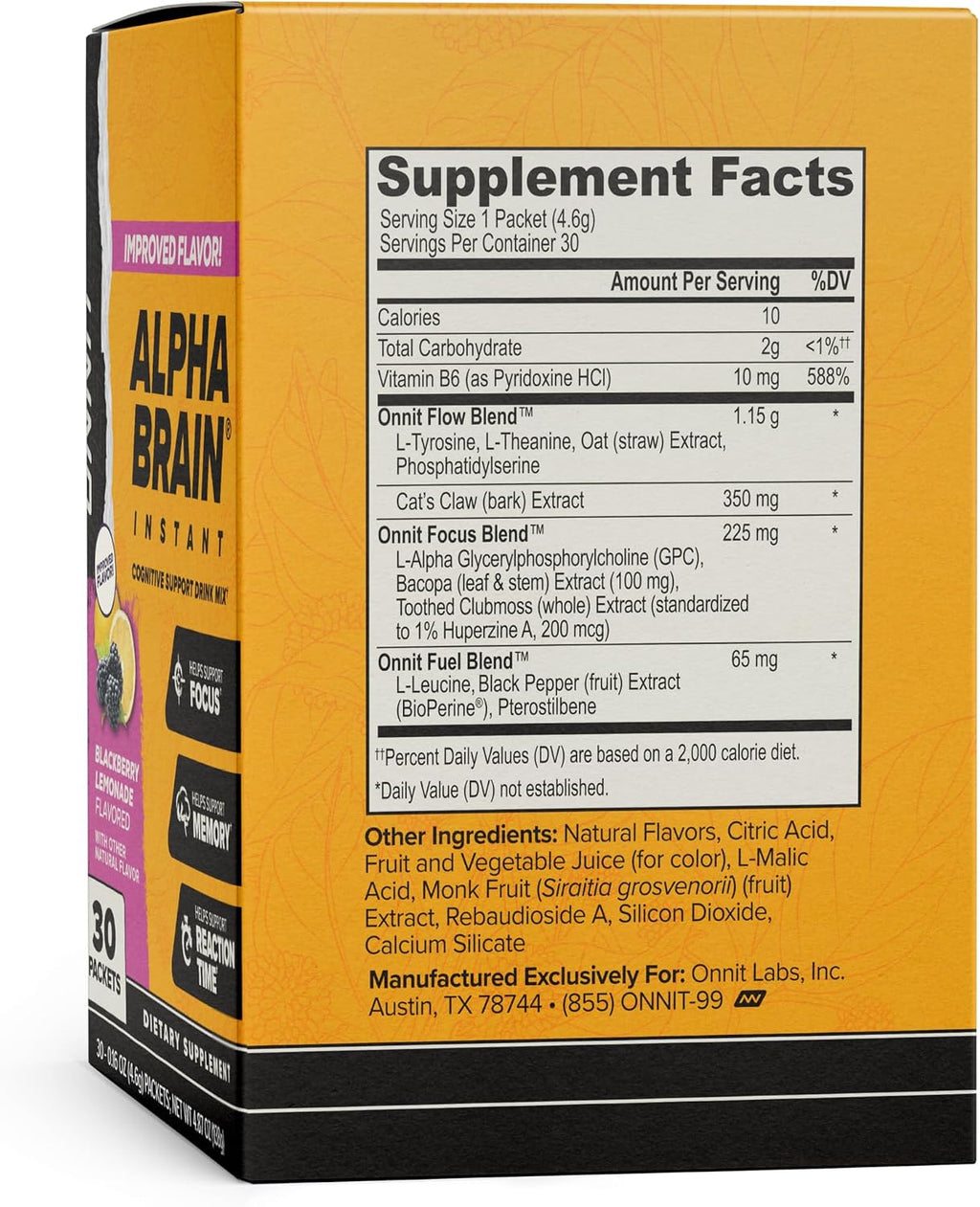 ONNIT Alpha BRAIN Instant Mezcla para Bebida de Apoyo Cognitivo, Sabor BlackBerry Lemonade, 30 Sobres de 3.7 g