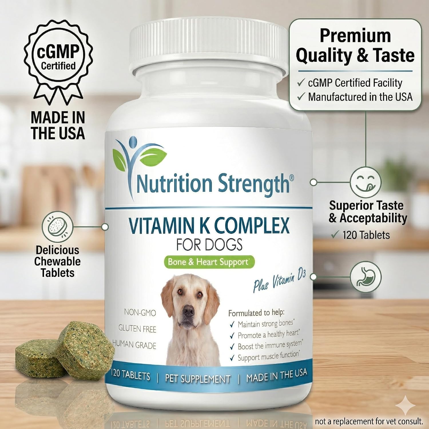 Complemento de vitamina K para perros - K1 y K2 (MK4 + MK7) + Vitamina D3 para la salud ósea, apoyo cardíaco y absorción de calcio - Fórmula avanzada para articulaciones fuertes, músculos y sistema inmunitario - 120 comprimidos