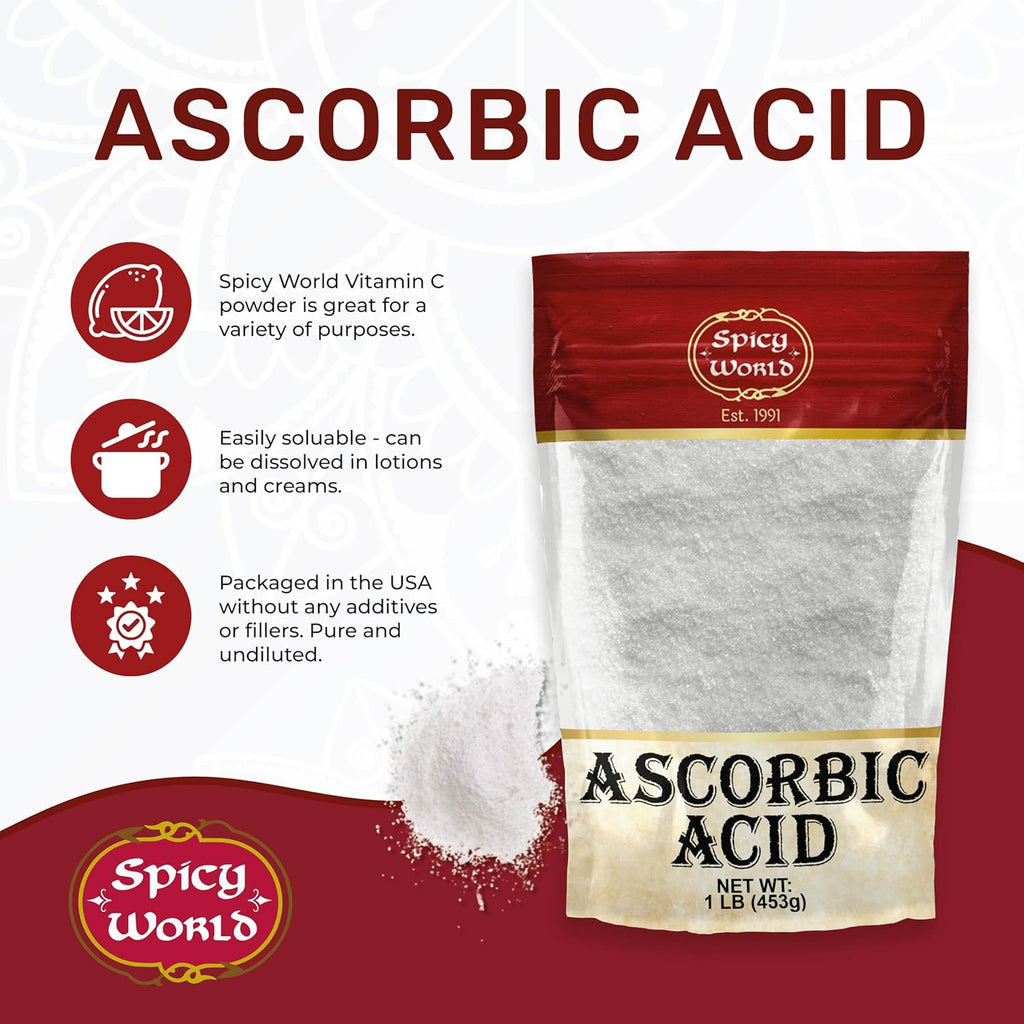 Spicy World Ácido Ascórbico 1 Libra - Polvo de Vitamina C Pura - 100% Puro, Grado Alimenticio, Grado USP