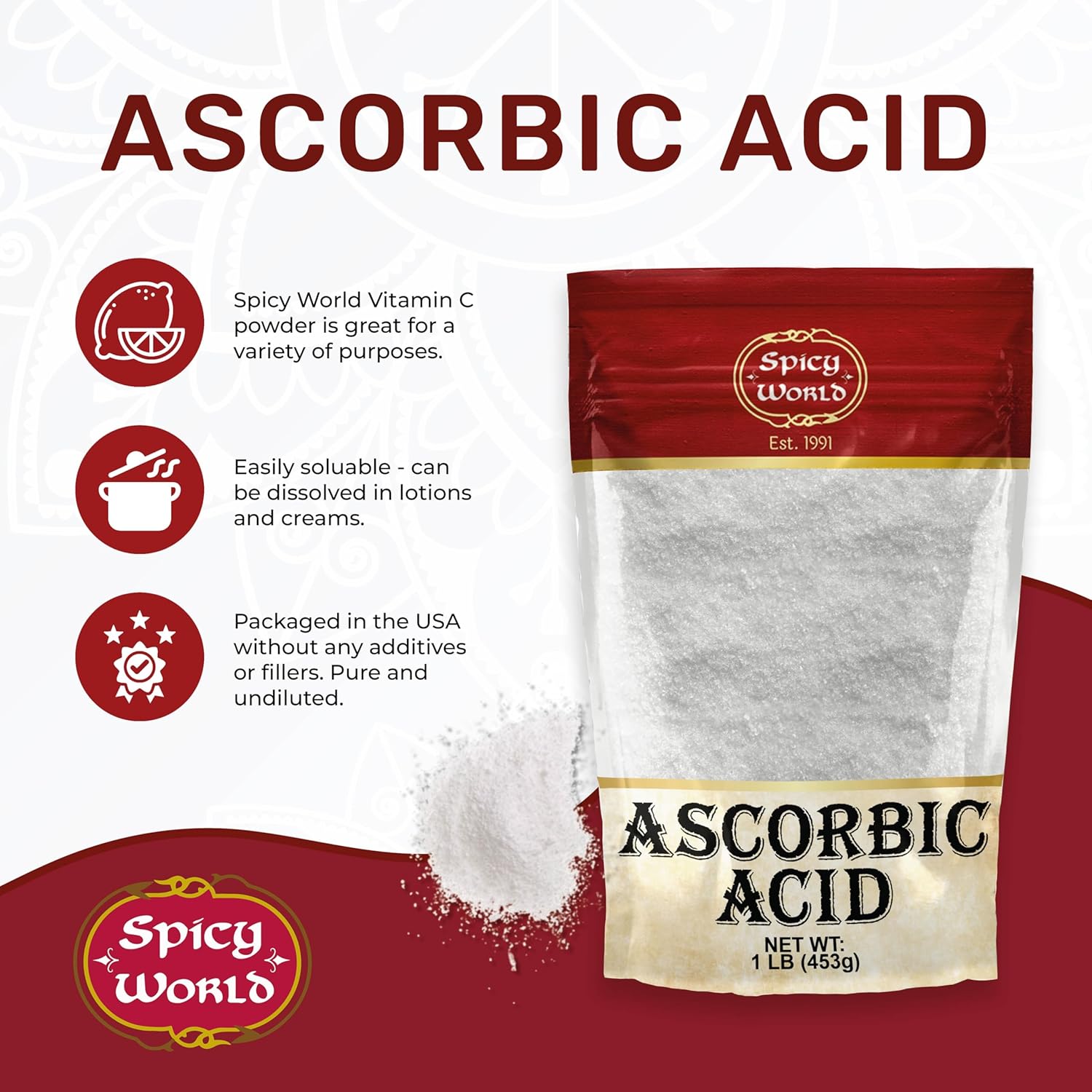 Spicy World Ácido Ascórbico 1 Libra - Polvo de Vitamina C Pura - 100% Puro, Grado Alimenticio, Grado USP