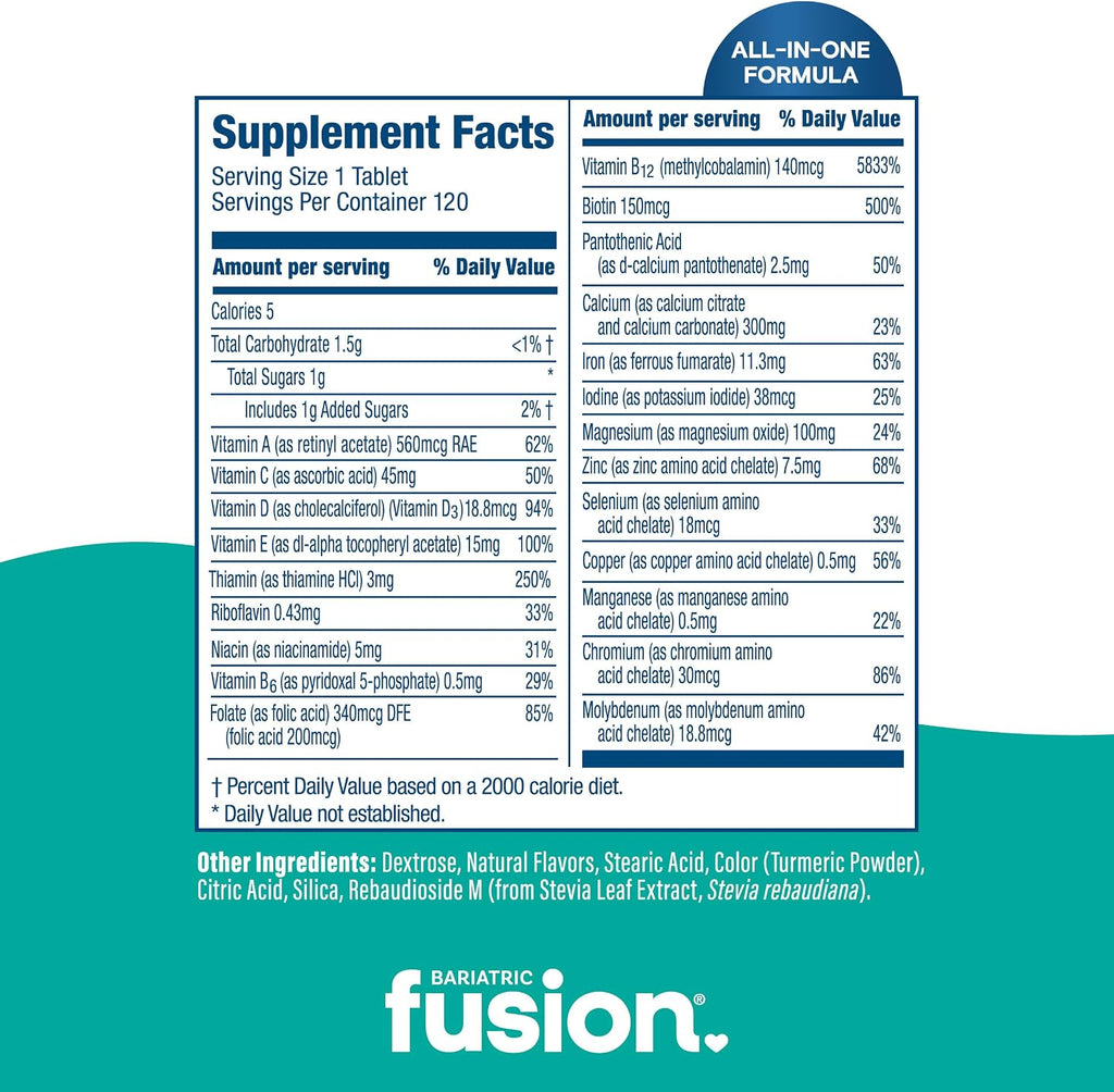 Bariatric Fusion Multivitamínico Bariátrico Completo con Hierro - Masticable Sabor Tropical - Suministro de 1 Mes