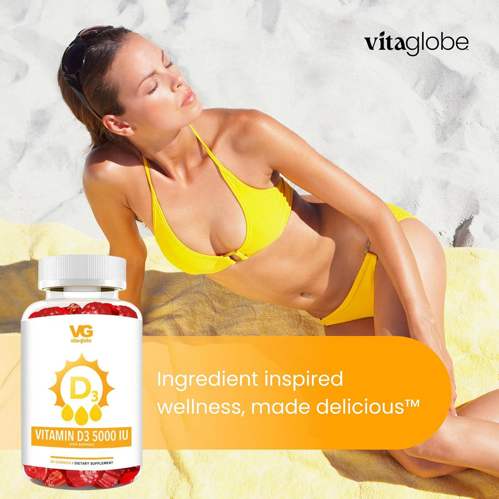 VITA GLOBE Vitamina D3 5000 IU (250 mcg) con Zinc y Equinácea - Gominolas Extra Fuertes para el Apoyo de Huesos y Sistema Inmunitario, 60 unidades (Pack de 2)