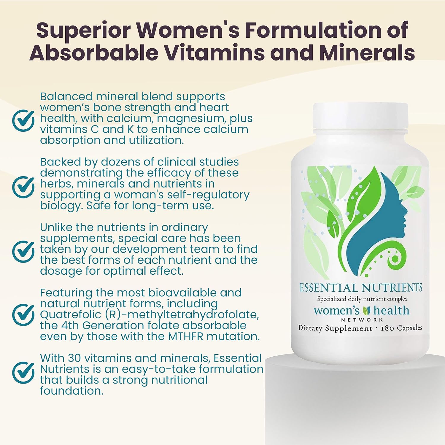 Essential Nutrients, Multivitamínico Metilado para Mujeres con Quatrefolic 5-MTHF, 180 Cápsulas